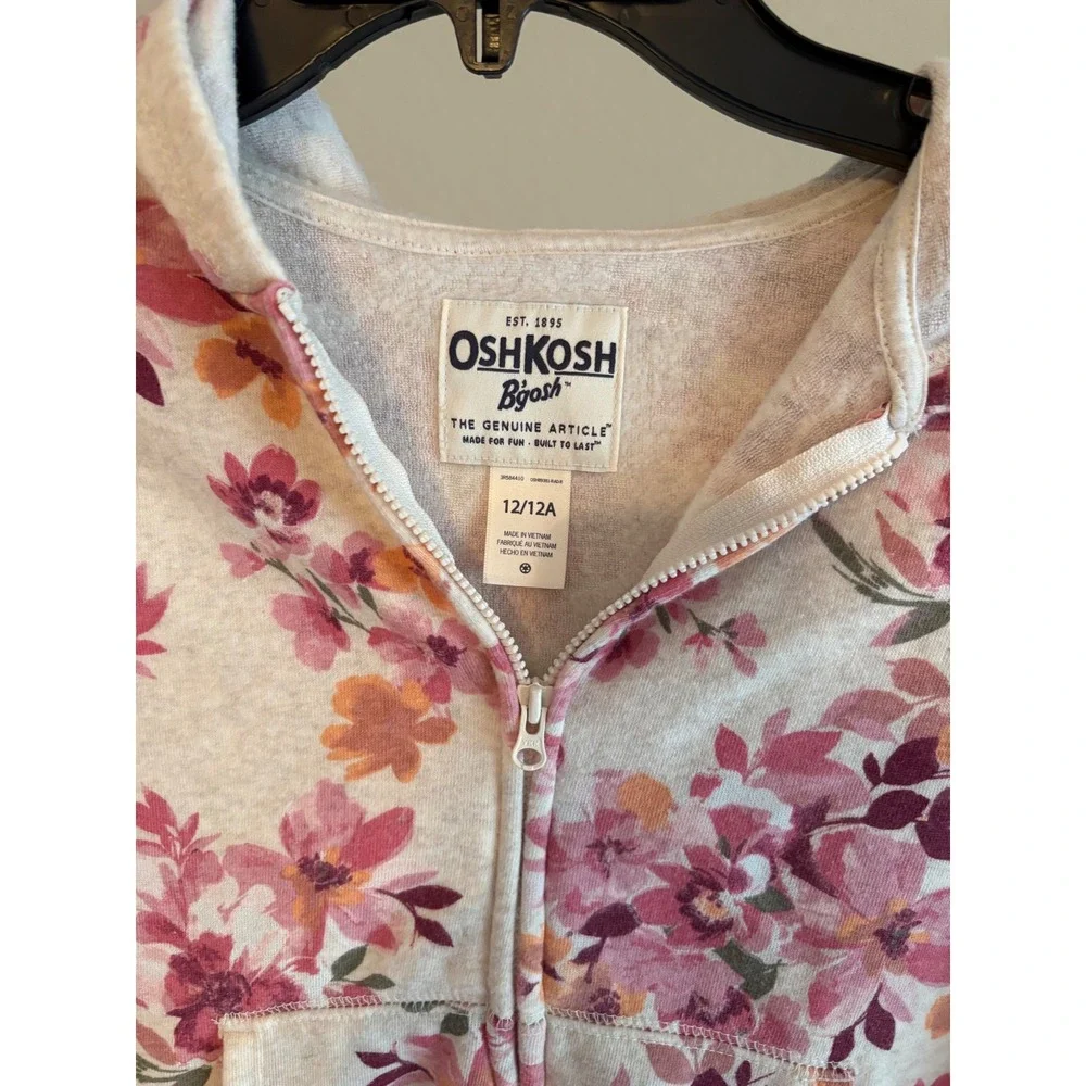 OshKosh Bgosh Girls Floral Full Zip Hoodie Pink Orange Flower Sweatshirt Size 12